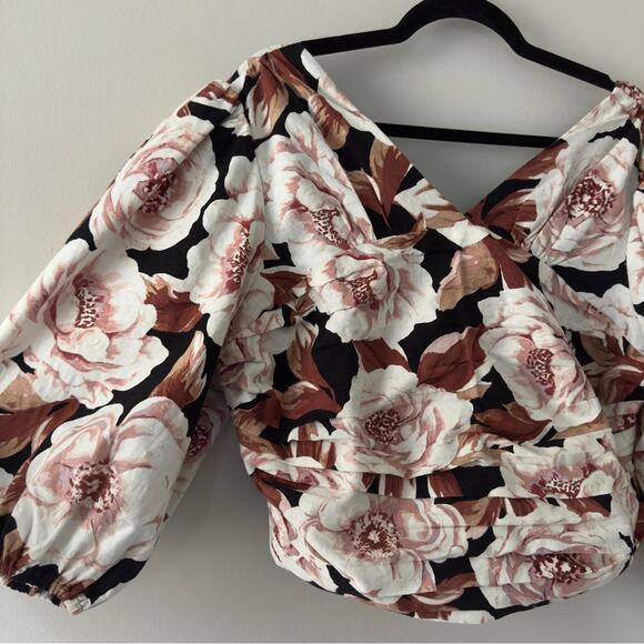 Express Floral Puff Sleeve Ruched pleated Crop top V-neck linen blend stretch XL - Picture 4 of 11